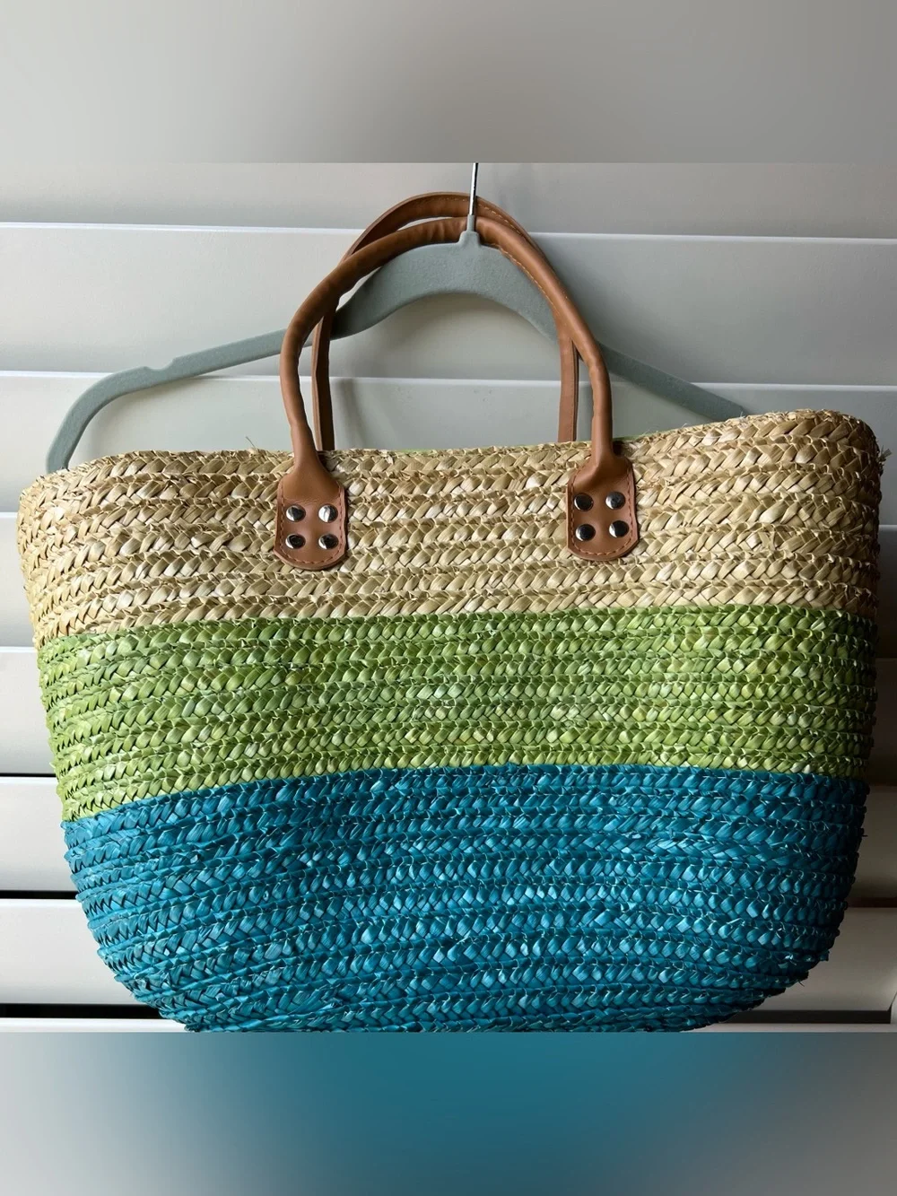DesignPac Gifts Striped Woven Tote Bag in Blue, Green & Natural with Tan Handles